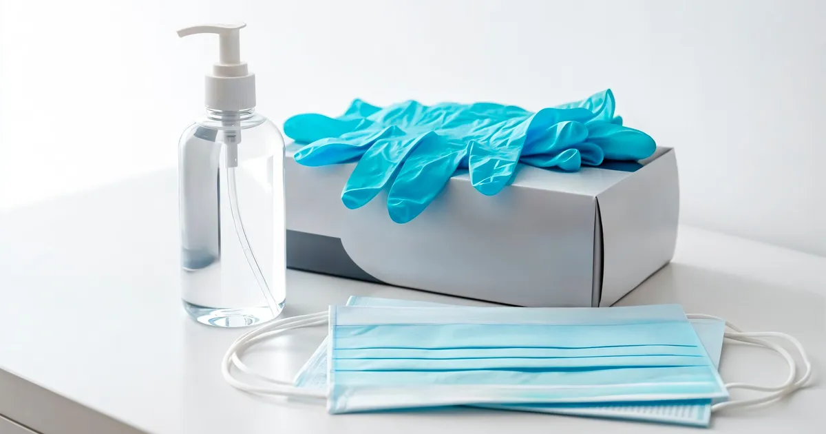 Équipement de protection individuelle domestique organisé : masques FFP2 et FFP3, boîte de gants en nitrile bleus, lunettes scellées EN 166 et combinaison Tyvek 500 sur table en bois avec lumière naturelle