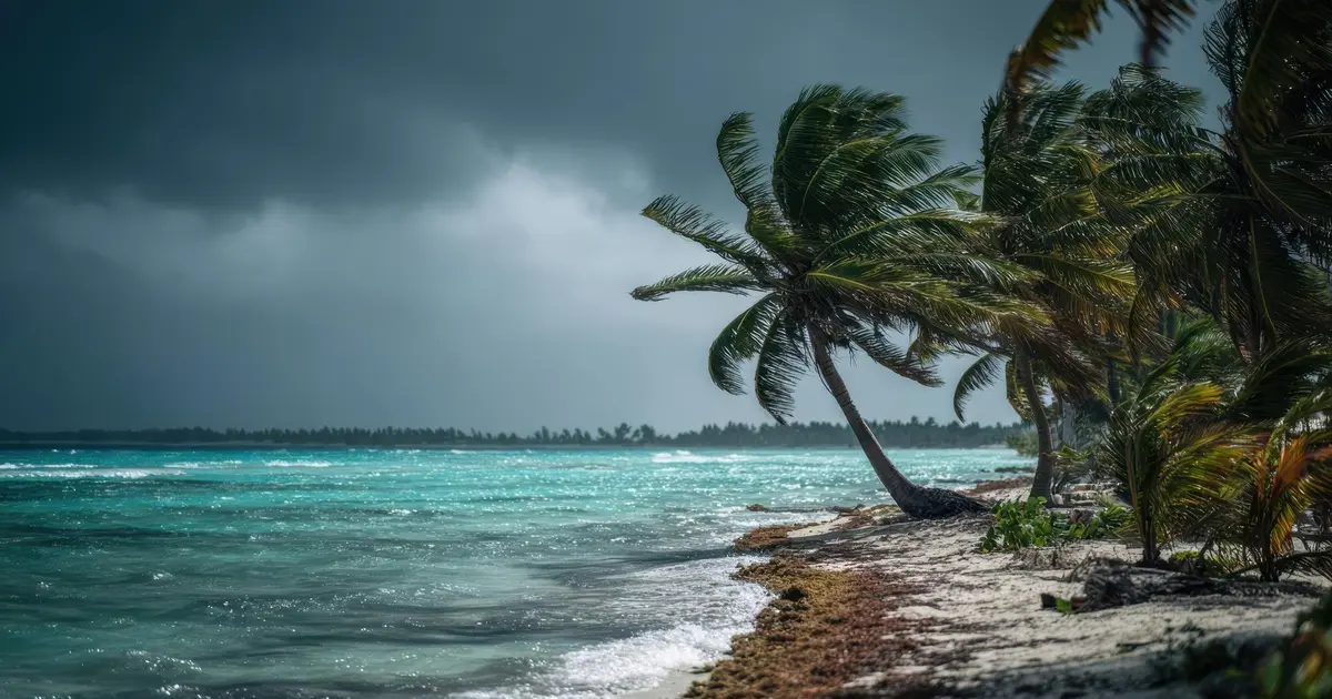 Plage tropicale des Antilles sous un ciel orageux avec palmiers pliés par le vent avant l'arrivée d'un cyclone
