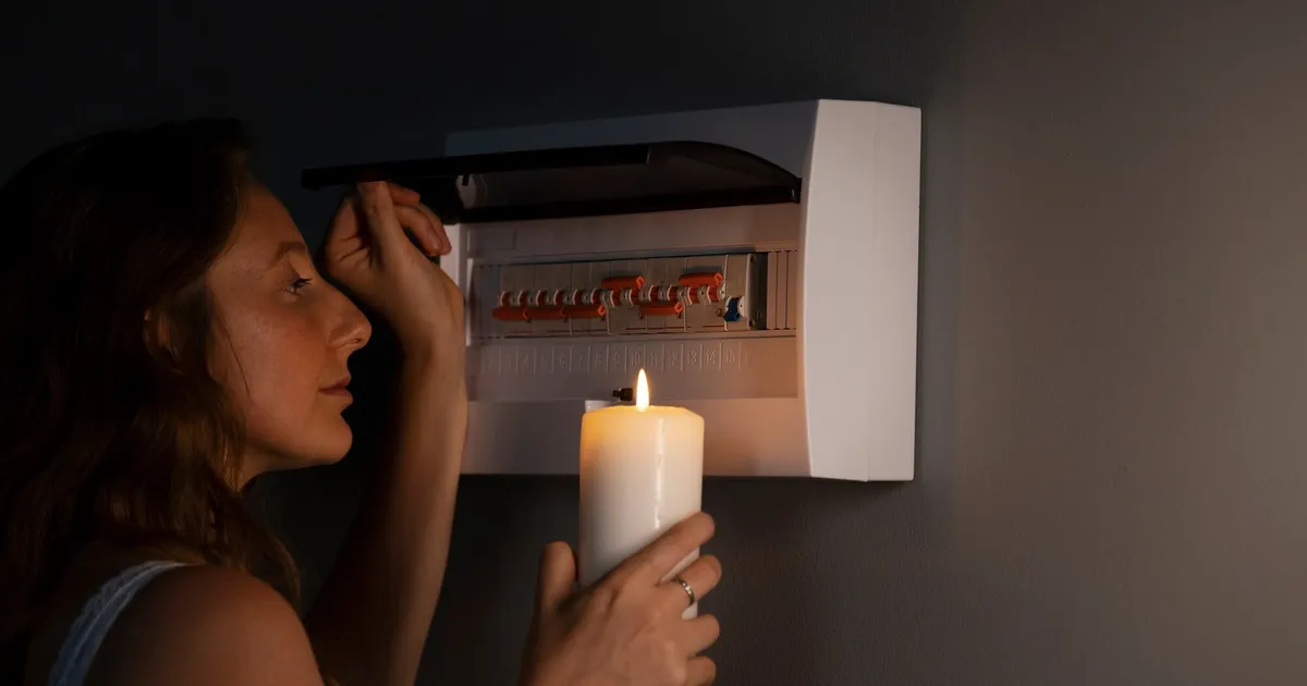Femme vérifiant le tableau électrique à la bougie pendant une panne de courant — préparation aux urgences en France
