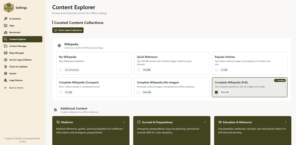 Explorateur de contenu hors ligne de Project NOMAD