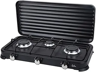 Jata JECG2703 réchaud à gaz portable à 3 feux avec grille, compatible butane et propane, couvercle de protection amovible, idéal pour le camping, occupe peu d'espace
