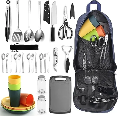 Berglander ensemble d'ustensiles de cuisine pour le camping avec couverts et assiette, tasses, vaisselle, accessoires de camping, ustensiles de cuisine pour le camping, pour le pique-nique, le barbecue et le camping