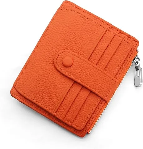 Porte-monnaie femme homme RFID minimaliste porte-cartes de crédit en cuir véritable, petit portefeuille femme avec poche zippée pour pièces, mini portefeuille 14 emplacements pour cartes (Orange)